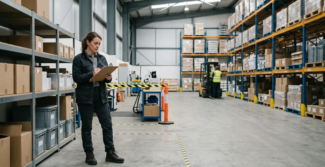 Business owner reviewing financial documents in warehouse during insurance investigation