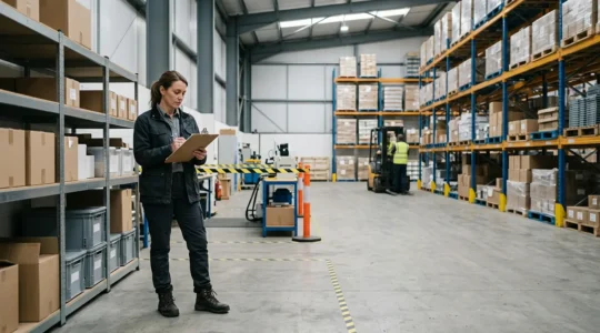 Business owner reviewing financial documents in warehouse during insurance investigation