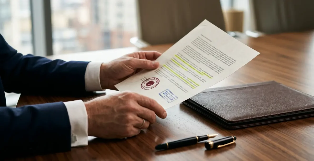 Business professional reviewing critical insurance claim documentation in corporate office setting