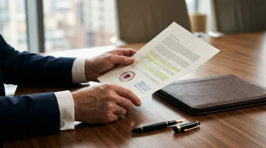 Business professional reviewing critical insurance claim documentation in corporate office setting
