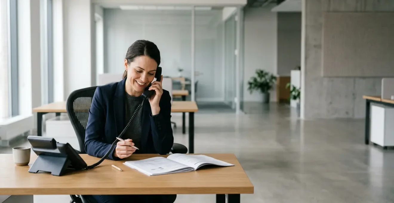 Professional business owner accessing legal consultation through insurance policy helpline