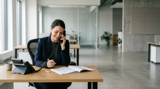 Professional business owner accessing legal consultation through insurance policy helpline