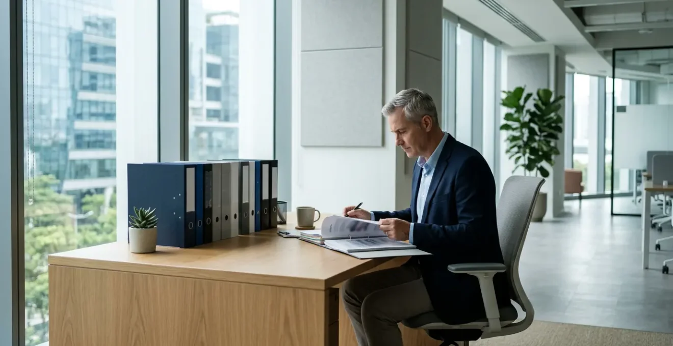 Professional business environment showing operational compliance documentation and policy review process