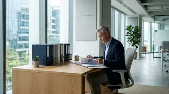 Professional business environment showing operational compliance documentation and policy review process