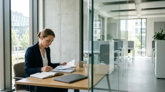 Professional working on business recovery plan in modern office setting