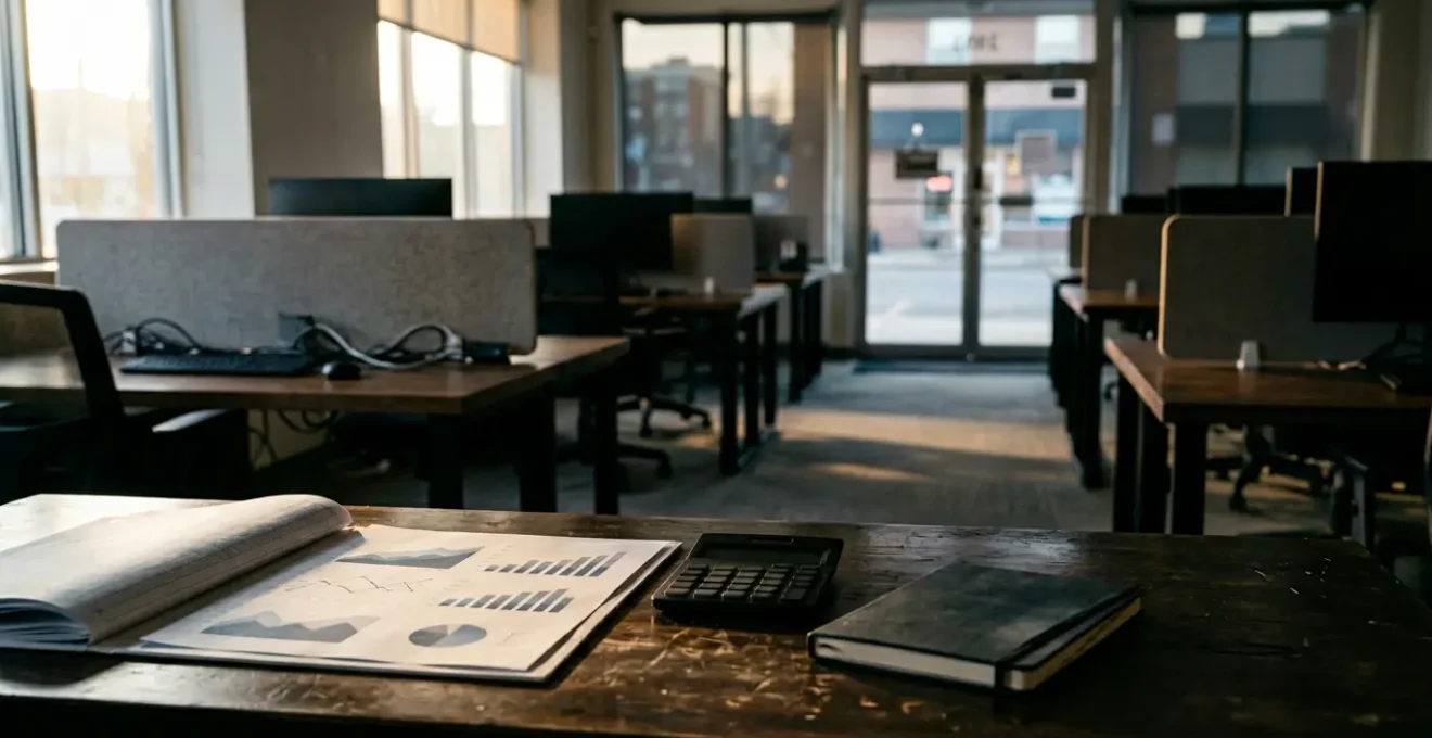 Business premises during shutdown with financial documents showing ongoing fixed costs and margin calculations