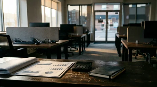 Business premises during shutdown with financial documents showing ongoing fixed costs and margin calculations