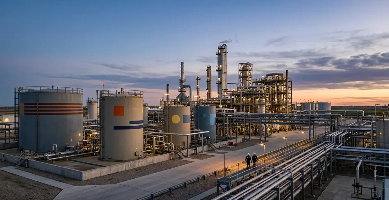 Industrial chemical manufacturing facility with complex infrastructure illustrating comprehensive pollution and liability insurance protection