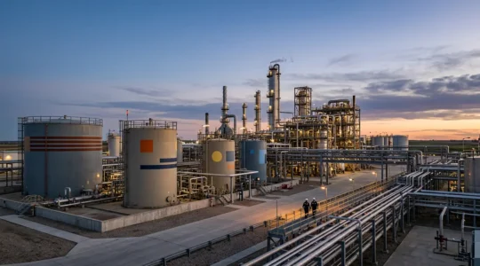 Industrial chemical manufacturing facility with complex infrastructure illustrating comprehensive pollution and liability insurance protection