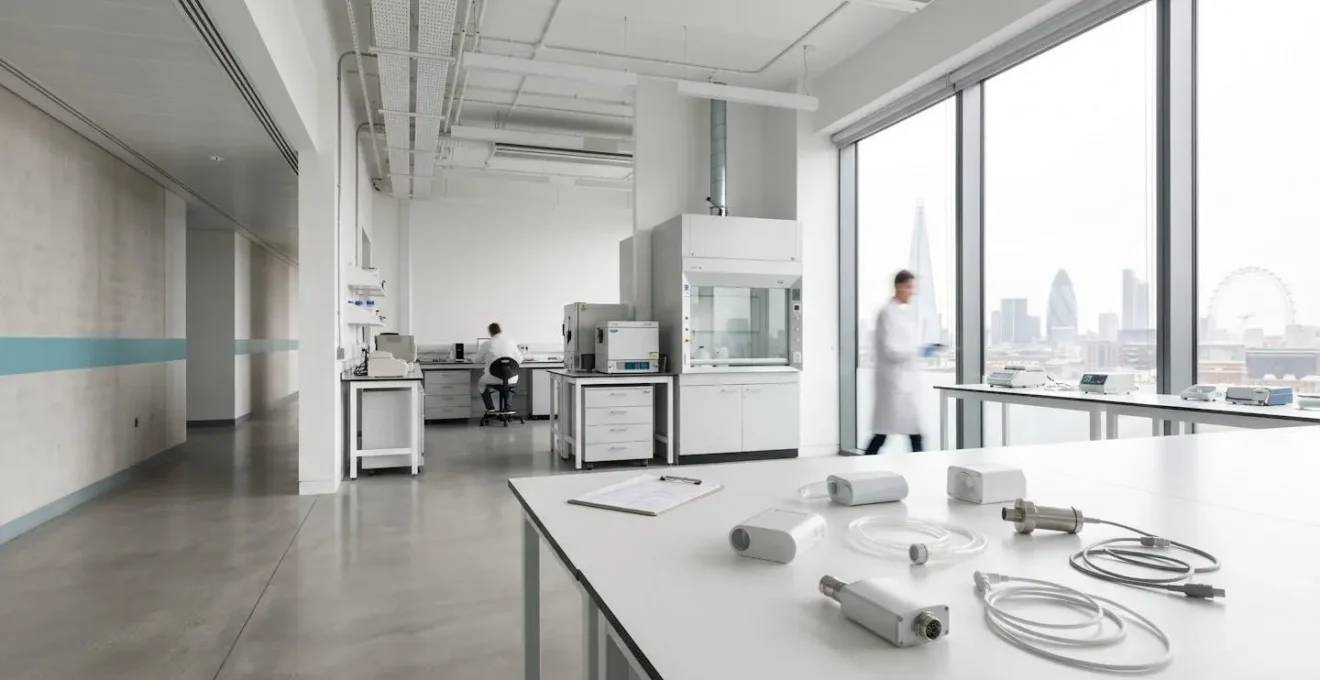 Professional medical technology research environment showing clinical trial documentation and regulatory compliance materials in modern UK healthcare setting