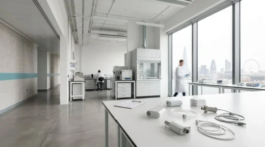Professional medical technology research environment showing clinical trial documentation and regulatory compliance materials in modern UK healthcare setting