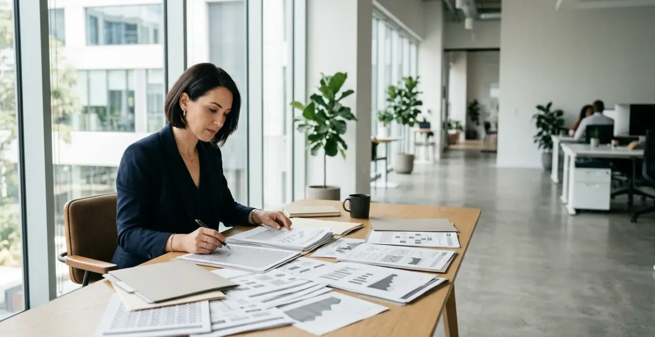 Business professional reviewing multi-layered insurance policy documents in modern office environment