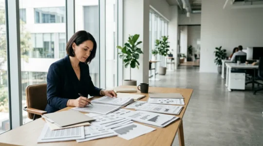 Business professional reviewing multi-layered insurance policy documents in modern office environment