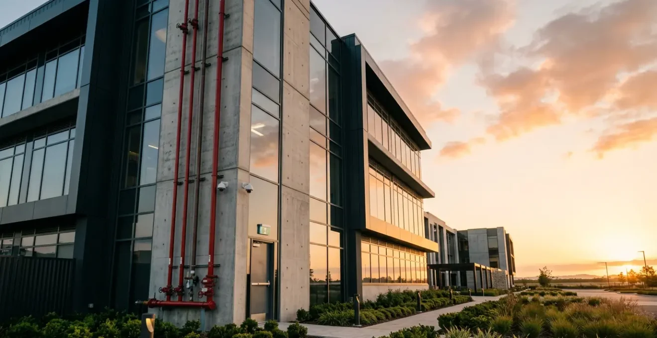 Professional commercial property showing modern fire safety systems and security infrastructure demonstrating loss control improvements