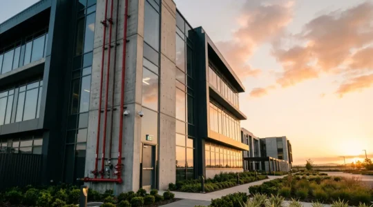 Professional commercial property showing modern fire safety systems and security infrastructure demonstrating loss control improvements