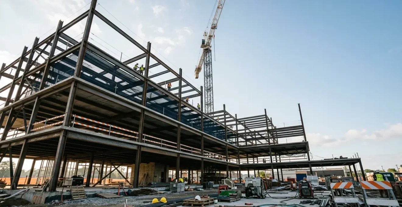 Construction site with steel framework and protective coverage elements symbolizing comprehensive insurance protection