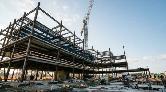 Construction site with steel framework and protective coverage elements symbolizing comprehensive insurance protection