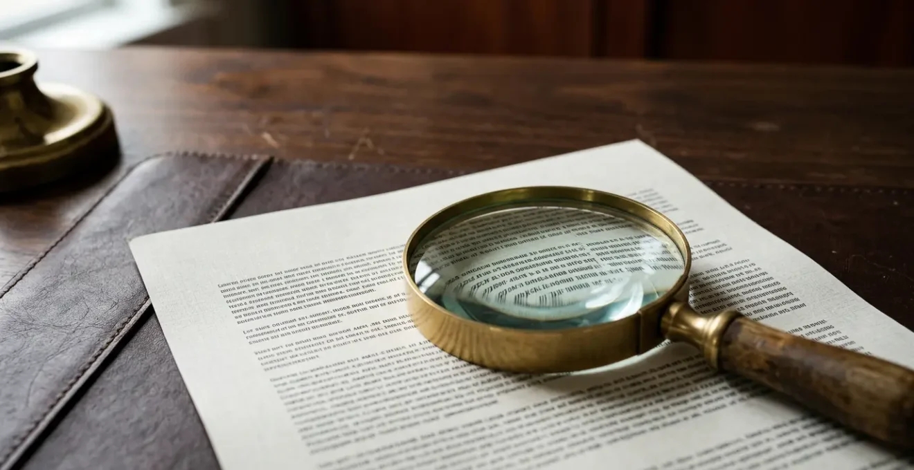 Insurance policy document with magnifying glass revealing hidden exclusions and contractual fine print details