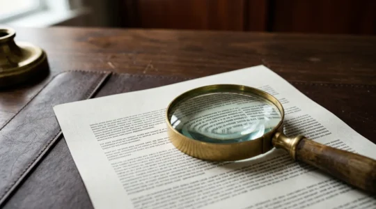 Insurance policy document with magnifying glass revealing hidden exclusions and contractual fine print details