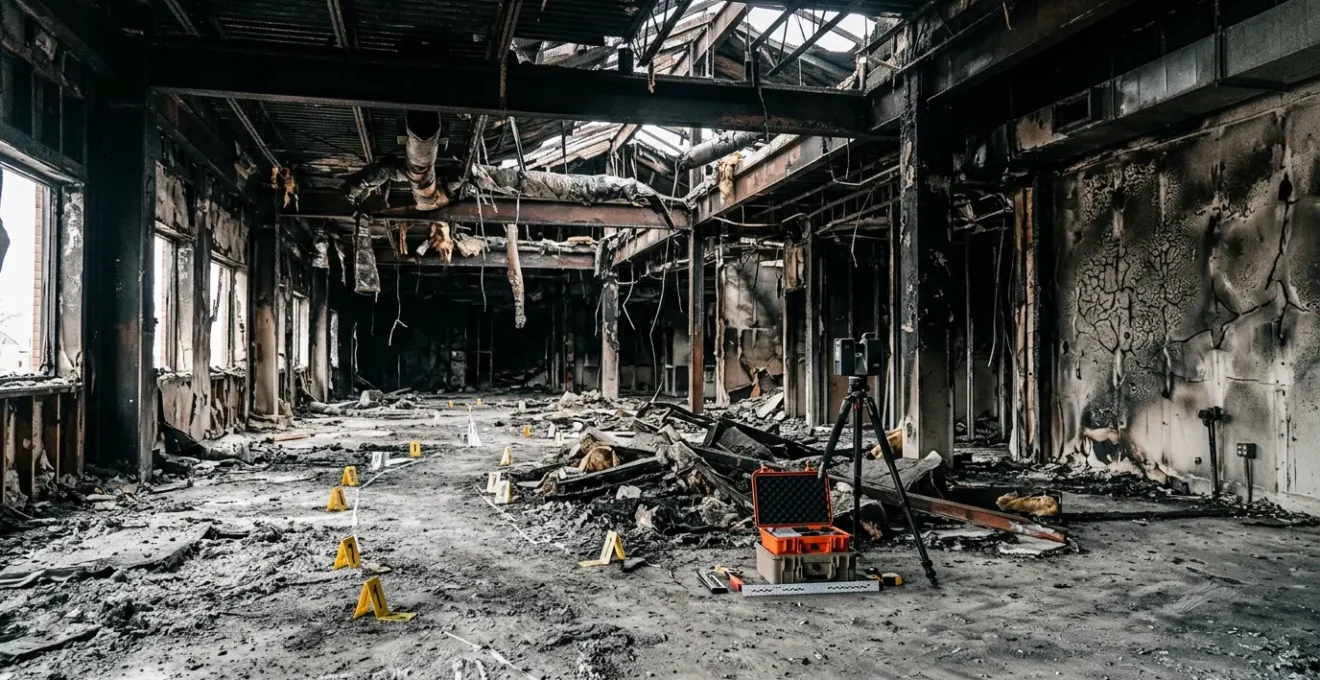 Forensic fire investigator examining burn patterns at commercial fire scene with measurement equipment