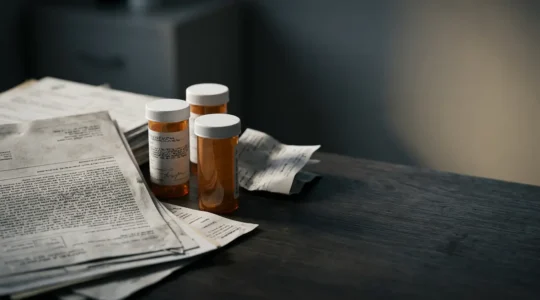 Close-up photograph showing the tension between healthcare coverage and medication access through symbolic composition