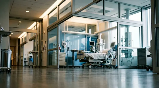 Critical care medical monitoring equipment with ambient lighting in modern intensive care setting