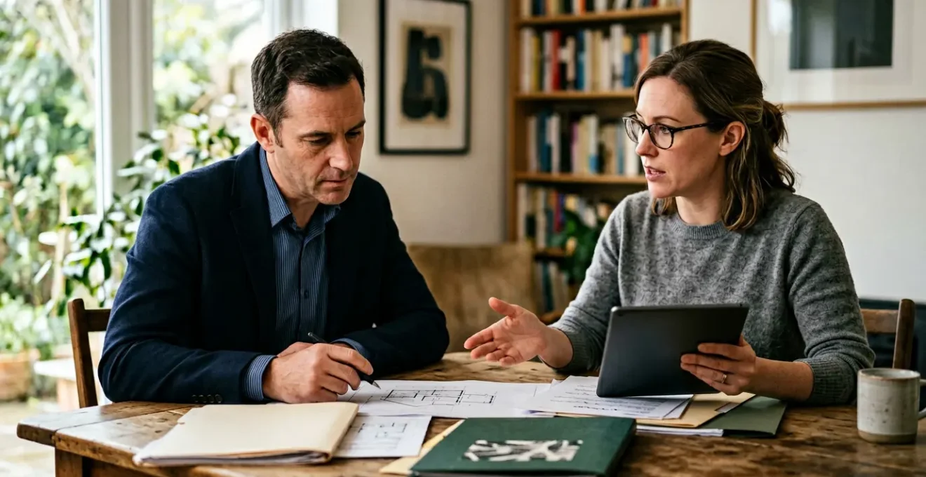 Professional consultation scene showing homeowner reviewing detailed repair documentation with independent expert across table in natural daylight