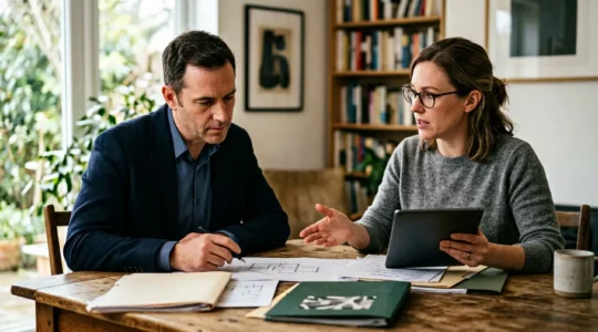 Professional consultation scene showing homeowner reviewing detailed repair documentation with independent expert across table in natural daylight