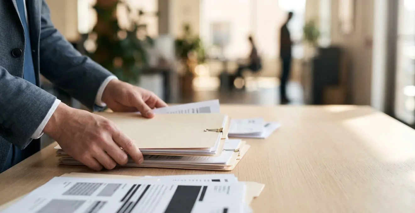 Professional reviewing compliance documentation with confidence in modern office setting