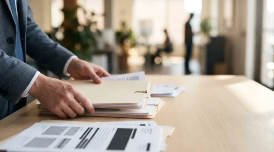 Professional reviewing compliance documentation with confidence in modern office setting