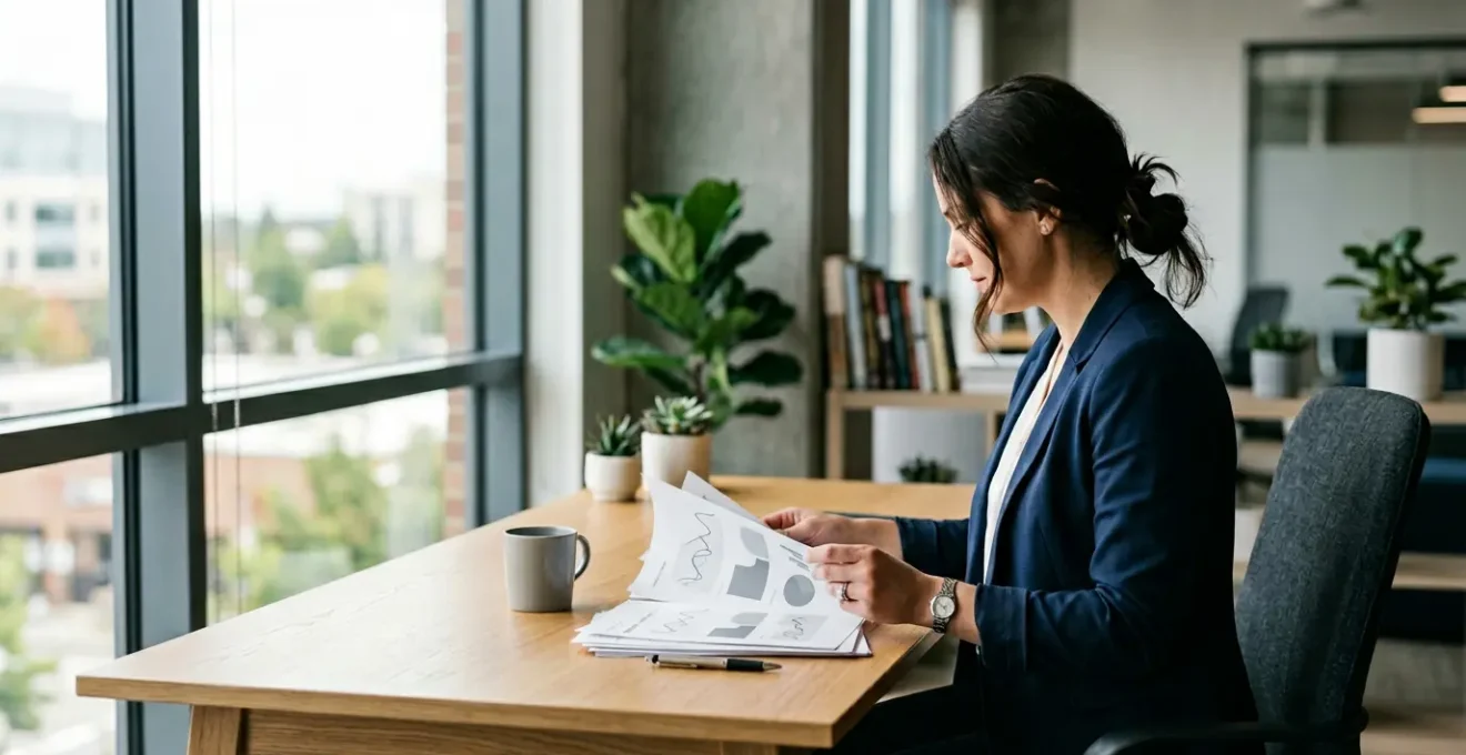 Business professional reviewing legal insurance policy documents in modern office environment