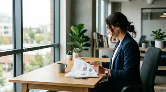 Business professional reviewing legal insurance policy documents in modern office environment