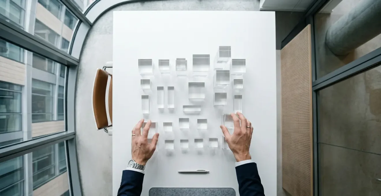 A strategic business professional reviewing multiple insurance policy modules in a modern office environment