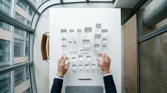 A strategic business professional reviewing multiple insurance policy modules in a modern office environment