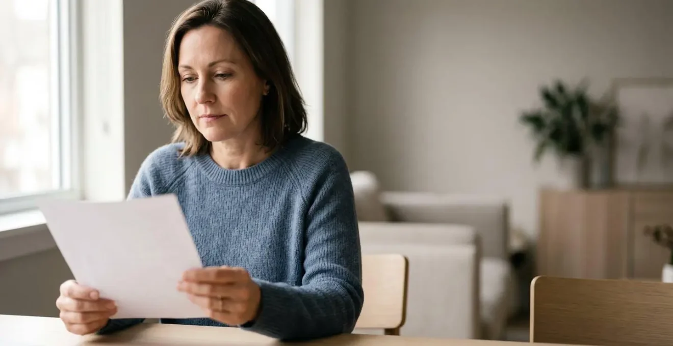 A person reviewing medical documentation at a well-lit modern desk with subtle healthcare elements in soft focus