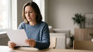 A person reviewing medical documentation at a well-lit modern desk with subtle healthcare elements in soft focus