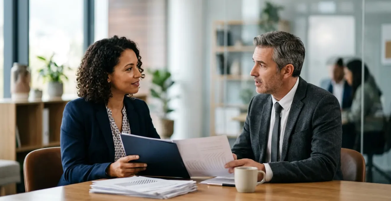 Professional meeting between business owner and insurance loss adjuster reviewing claim documentation in modern office setting