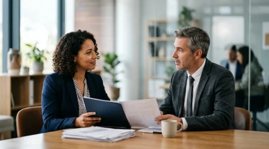 Professional meeting between business owner and insurance loss adjuster reviewing claim documentation in modern office setting
