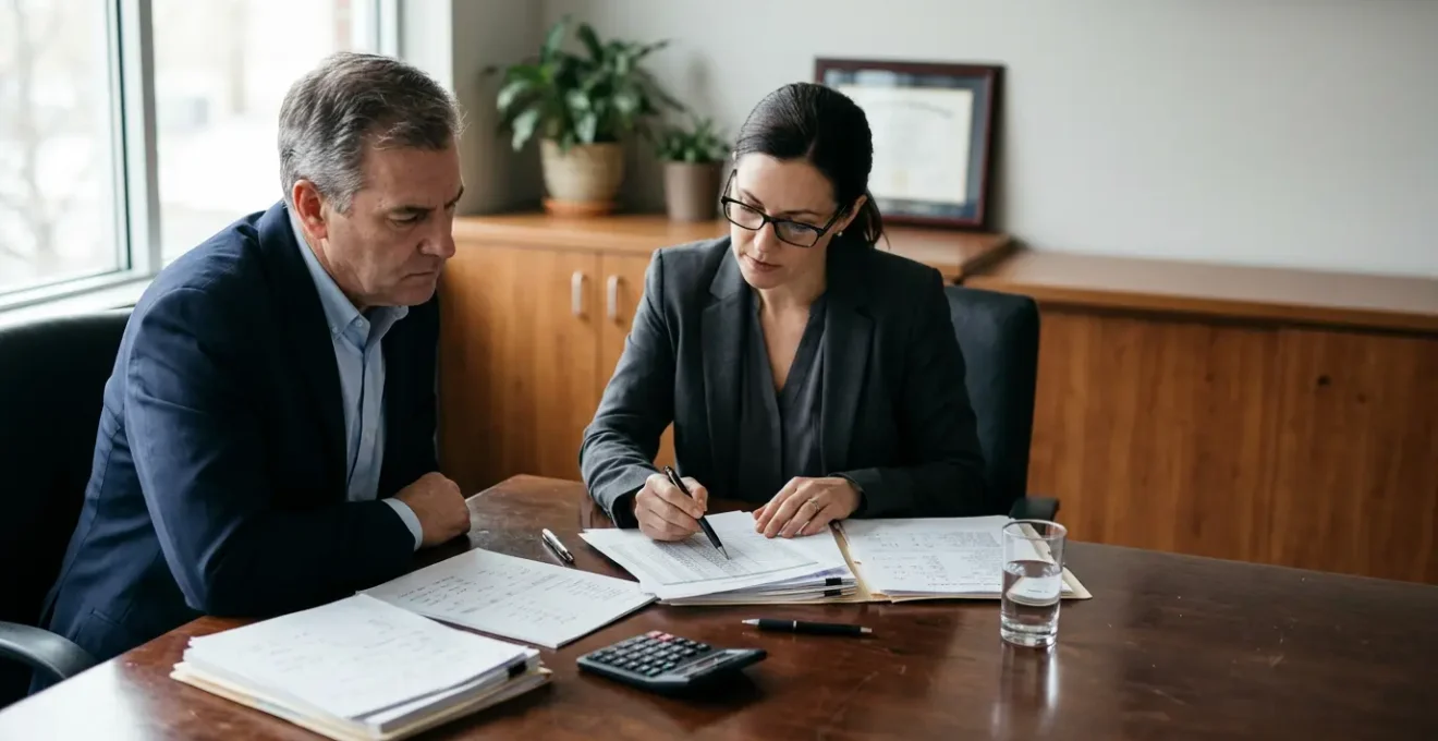 Professional business owner reviewing detailed financial documentation with forensic accountant in modern office setting