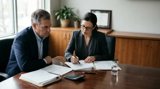 Professional business owner reviewing detailed financial documentation with forensic accountant in modern office setting