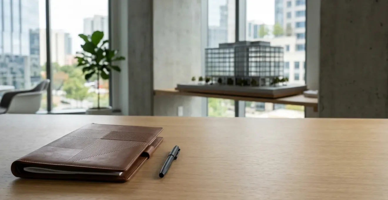 Professional business owner reviewing insurance documents with strategic financial planning materials