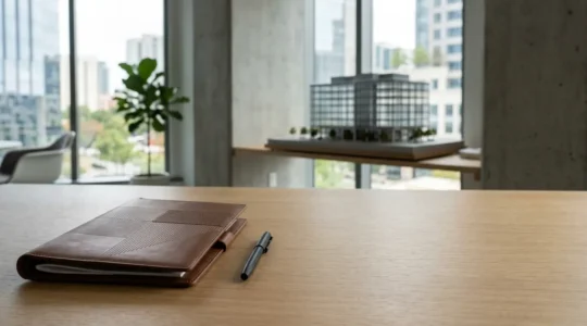 Professional business owner reviewing insurance documents with strategic financial planning materials