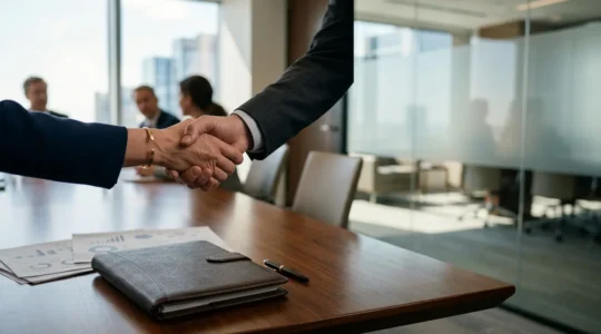 A professional meeting scene illustrating strategic defence planning for regulatory investigations with insurance coverage
