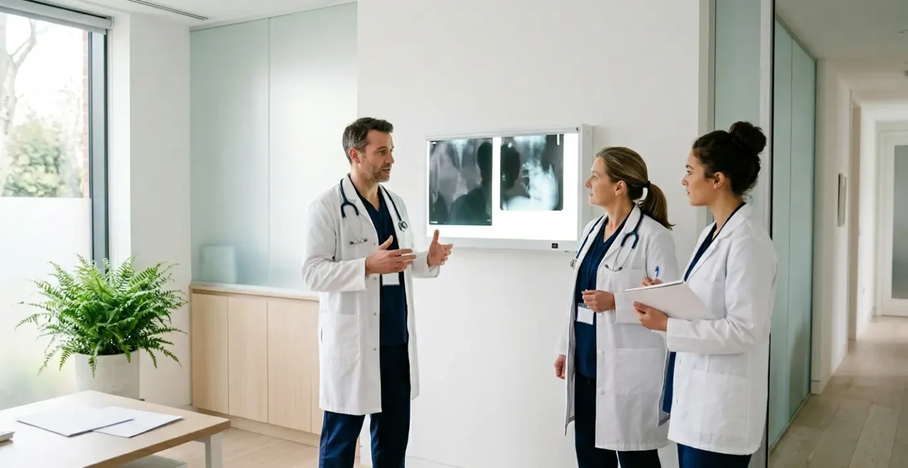 Professional medical team collaborating on patient diagnostics in modern UK clinic setting
