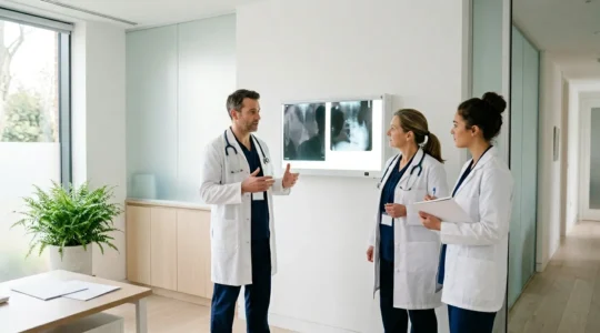 Professional medical team collaborating on patient diagnostics in modern UK clinic setting