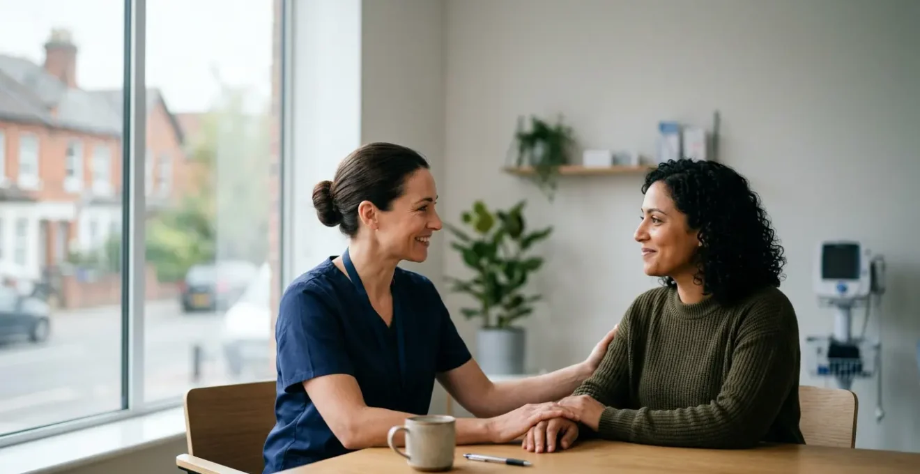 Professional health screening consultation setting in UK medical facility