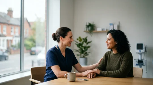 Professional health screening consultation setting in UK medical facility