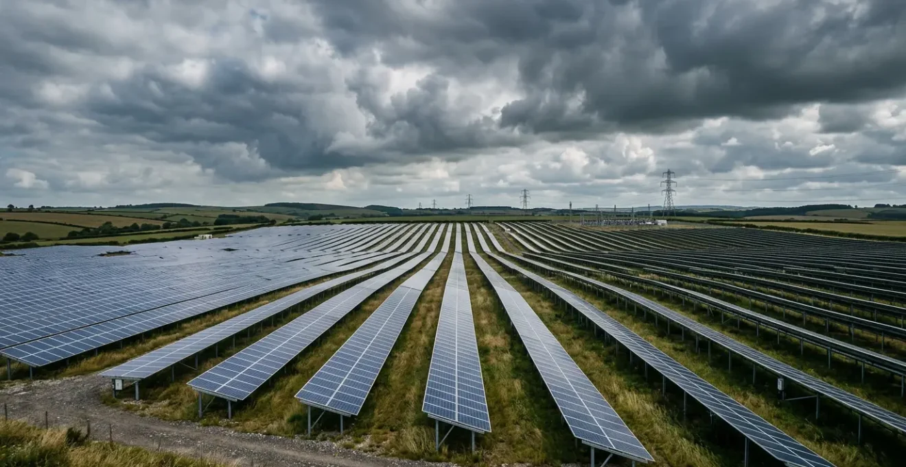 Expansive solar photovoltaic farm under dramatic British skies with transmission infrastructure in soft focus background