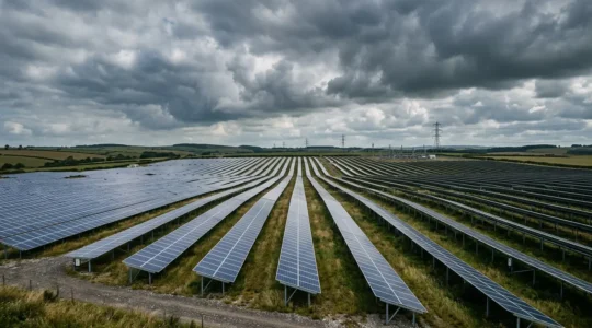 Expansive solar photovoltaic farm under dramatic British skies with transmission infrastructure in soft focus background
