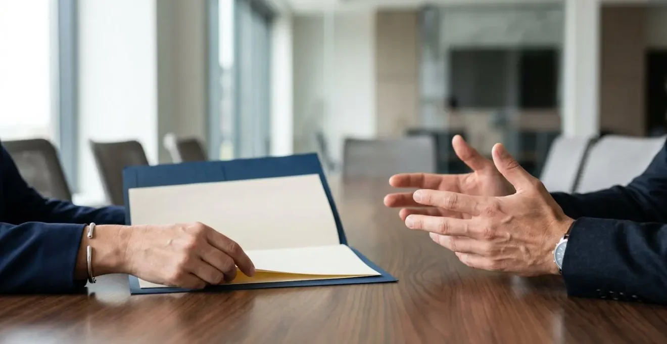Close-up photograph showing hands in business negotiation with documents symbolizing risk management confidence